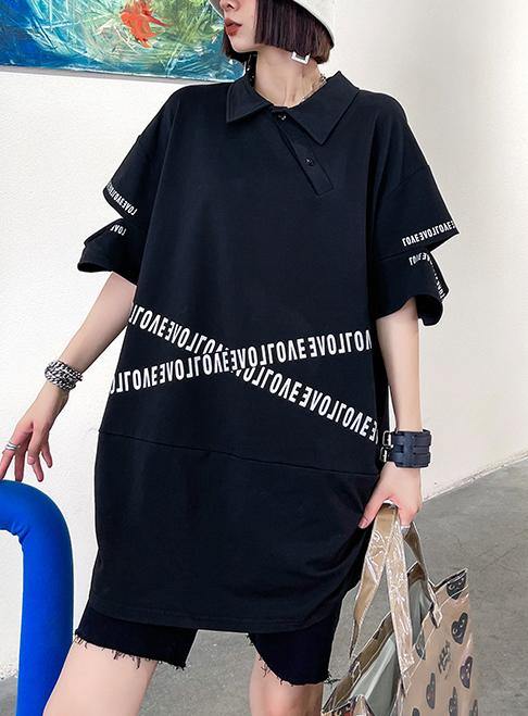 Plus Size Black Asymmetrical Design Graphic Cotton Summer Holiday Dress - SooLinen