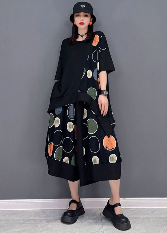 Plus Size Black Asymmetrical Patchwork Dot Print Cotton Women Sets 2 Pieces Summer