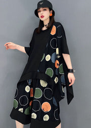 Plus Size Black Asymmetrical Patchwork Dot Print Cotton Women Sets 2 Pieces Summer