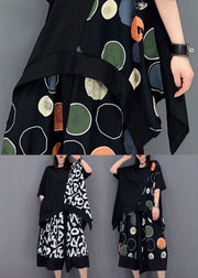 Plus Size Black Asymmetrical Patchwork Dot Print Cotton Women Sets 2 Pieces Summer