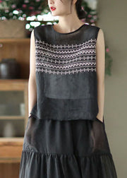 Plus Size Black Embroideried Linen Tank Tops Sleeveless