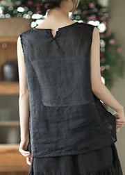 Plus Size Black Embroideried Linen Tank Tops Sleeveless