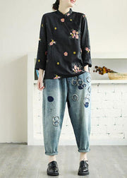 Plus Size Black Embroideried Stand Collar Button Fall Floral Long Sleeve Shirt - SooLinen