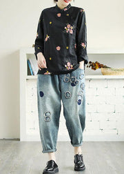 Plus Size Black Embroideried Stand Collar Button Fall Floral Long Sleeve Shirt - SooLinen