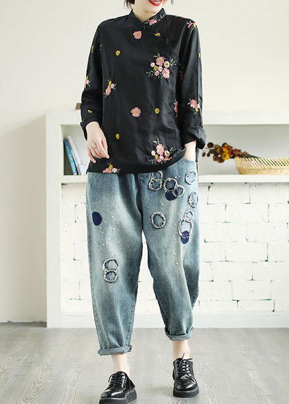 Plus Size Black Embroideried Stand Collar Button Fall Floral Long Sleeve Shirt - SooLinen