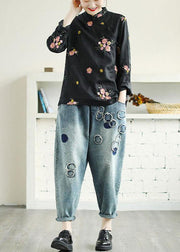 Plus Size Black Embroideried Stand Collar Button Fall Floral Long Sleeve Shirt - SooLinen