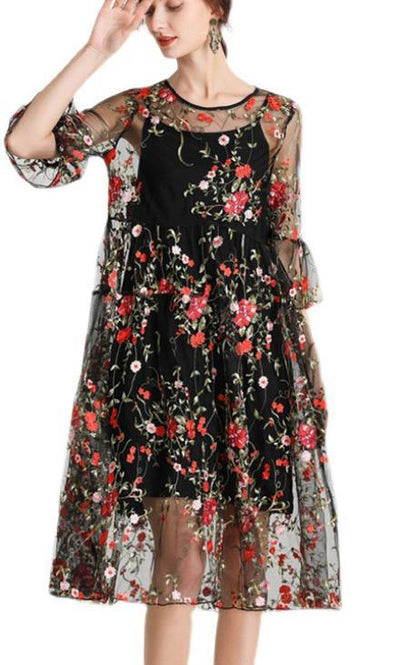 Plus Size Black Embroidery Lace Dress Half Sleeve Women Sets 2 Pieces - SooLinen