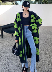 Plus Size Black Green Floral print Knit coats Spring