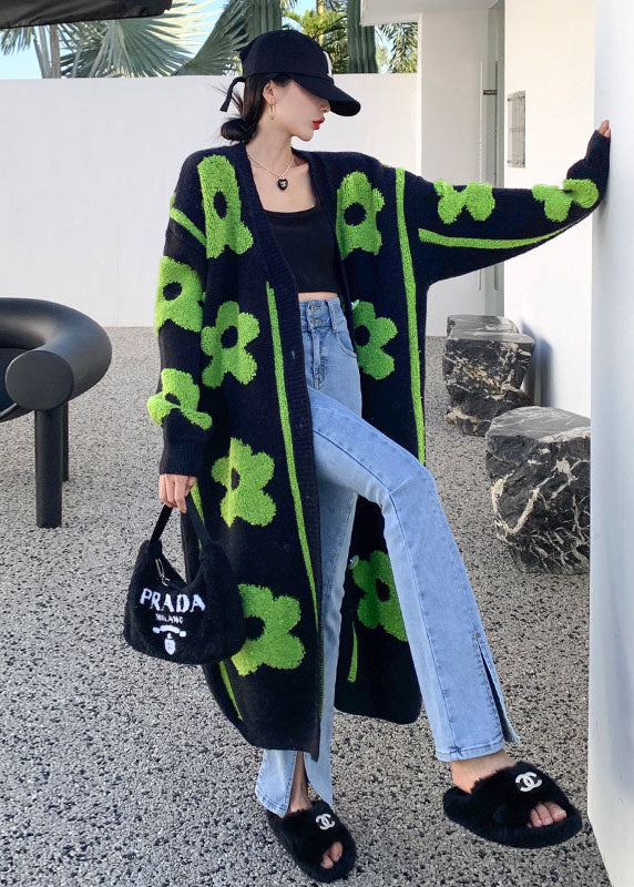 Plus Size Black Green Floral print Knit coats Spring