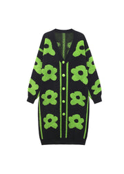 Plus Size Black Green Floral print Knit coats Spring