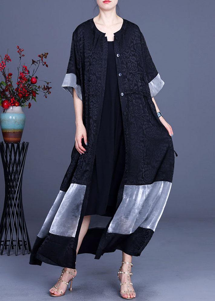 Plus Size Black Jacquard Patchwork Silk Cardigans Long - SooLinen