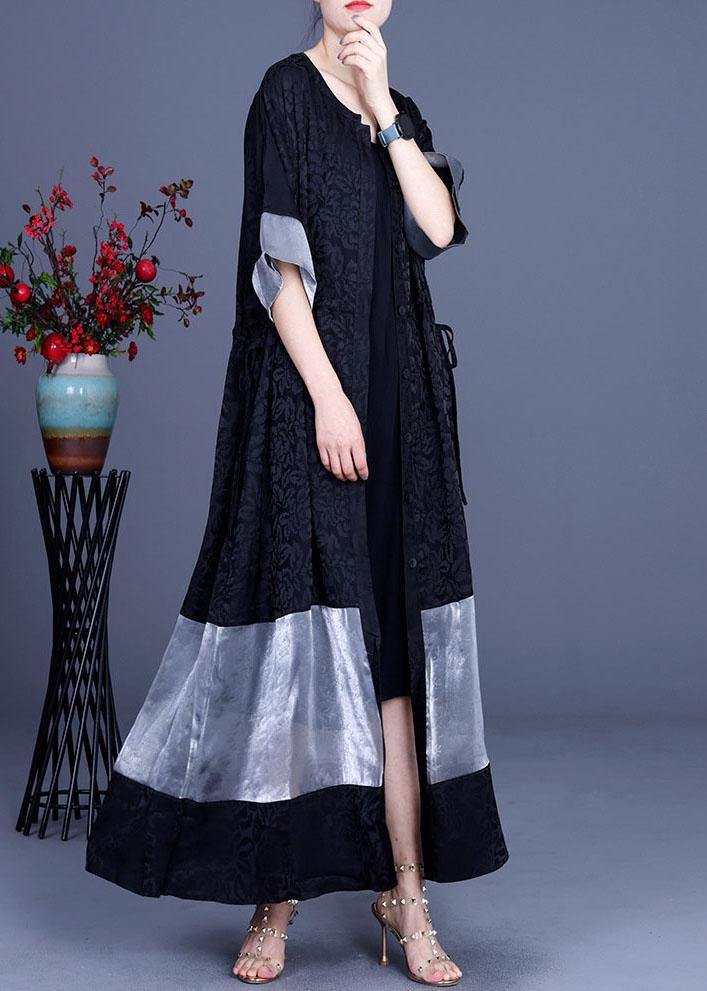 Plus Size Black Jacquard Patchwork Silk Cardigans Long - SooLinen