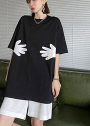 Plus Size Black O Neck Hug pattern Cotton Tee - SooLinen