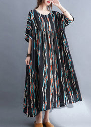 Plus Size Black O-Neck Print Long Dresses Half Sleeve