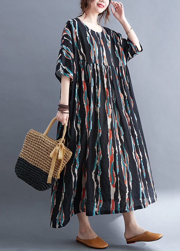 Plus Size Black O-Neck Print Long Dresses Half Sleeve