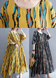 Plus Size Black O-Neck Print Long Dresses Half Sleeve