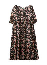 Plus Size Black O-Neck Print Pockets Extra large hem Long Dress Summer