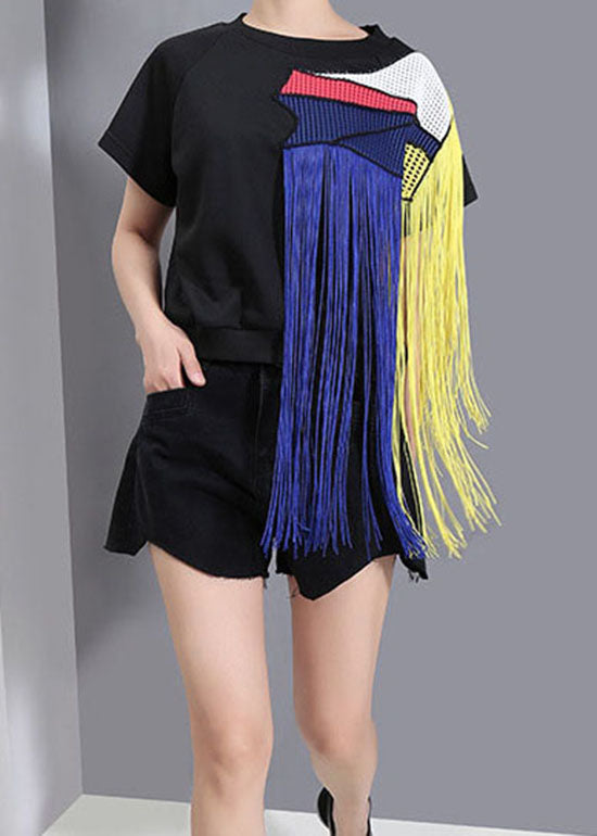 Plus Size Black O-Neck Tassel Tanktops Spring