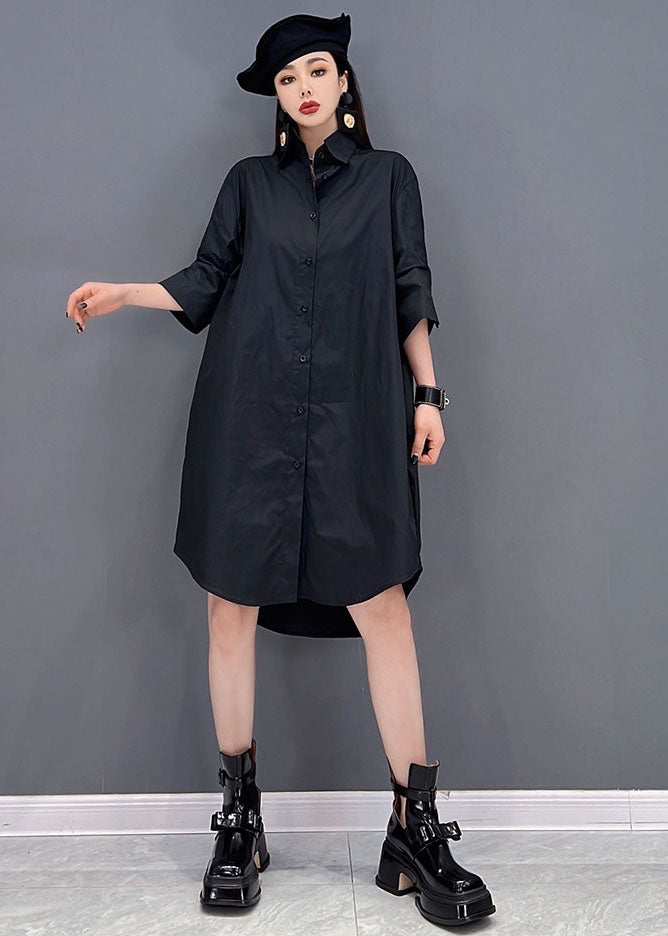 Plus Size Black Original Design Peter Pan Collar Tulle Patchwork Cotton Shirt Dresses Long Sleeve