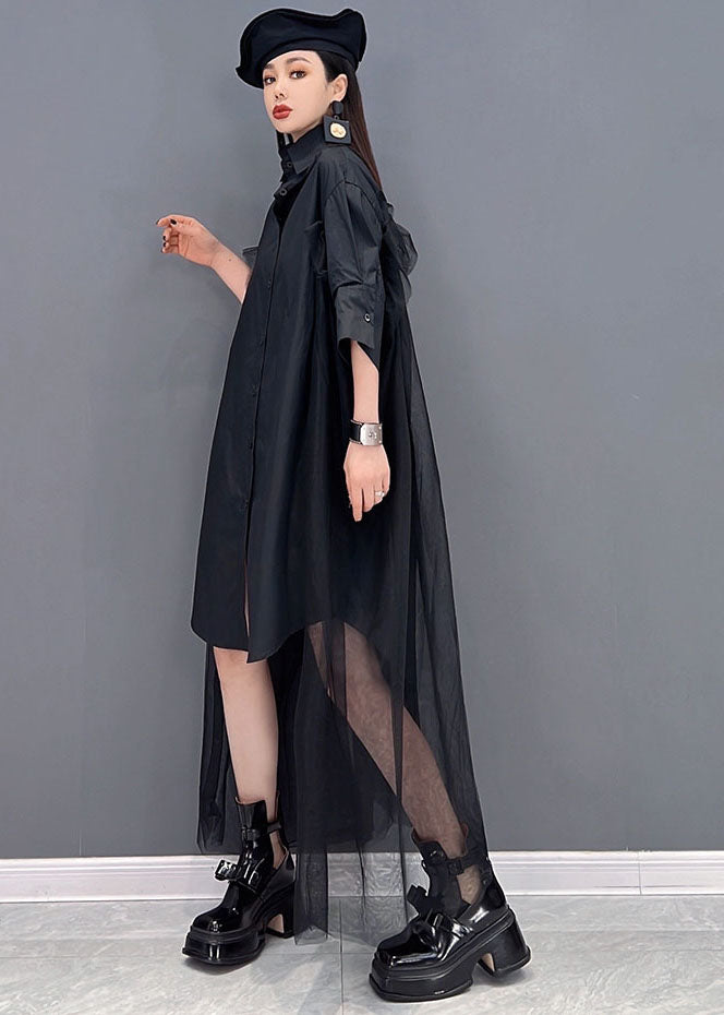 Plus Size Black Original Design Peter Pan Collar Tulle Patchwork Cotton Shirt Dresses Long Sleeve