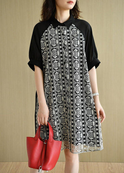 Plus Size Black Peter Pan Collar Button Patchwork Summer Cotton Dresses Half Sleeve - SooLinen