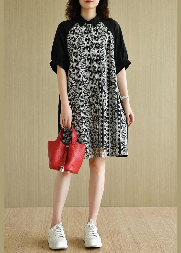 Plus Size Black Peter Pan Collar Button Patchwork Summer Cotton Dresses Half Sleeve - SooLinen