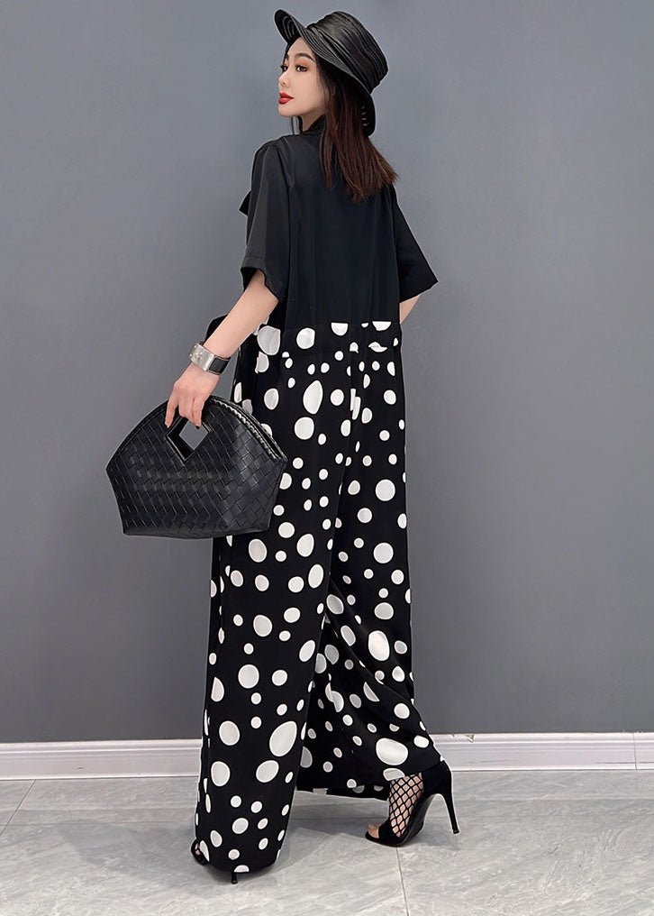 Plus Size Black Peter Pan Collar Dot Print Draping Chiffon Jumpsuits Short Sleeve