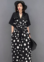 Plus Size Black Peter Pan Collar Dot Print Draping Chiffon Jumpsuits Short Sleeve