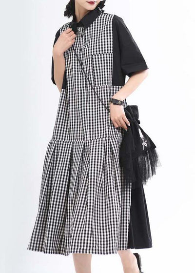 Plus Size Black Peter Pan Collar Plaid Summer Cotton Dress - SooLinen