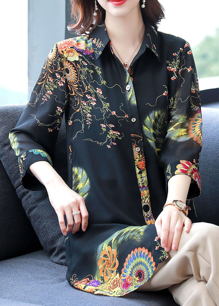 Plus Size Black Peter Pan Collar Print Button Chiffon Long Blouse Top Bracelet Sleeve