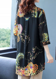 Plus Size Black Peter Pan Collar Print Button Chiffon Long Blouse Top Bracelet Sleeve