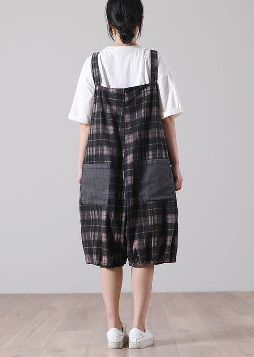 Plus Size Black Plaid Jeans Jumpsuit Shorts Cotton - SooLinen