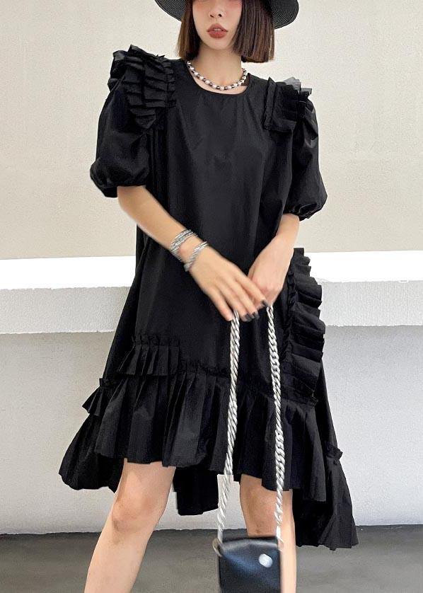 Plus Size Black Puff Sleeve asymmetrical design Ankle Dress Summer - SooLinen