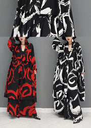 Plus Size Black Ruffled Print Cotton Two Pieces Set Long Sleeve