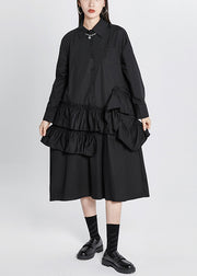 Plus Size Black Solid Peter Pan Collar Ruffles Patchwork Shirt Dress Long Sleeve