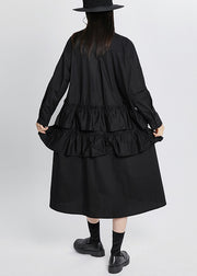 Plus Size Black Solid Peter Pan Collar Ruffles Patchwork Shirt Dress Long Sleeve