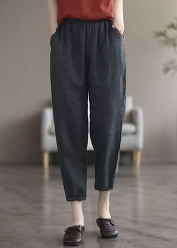 Plus Size Black Solid Pockets Linen Crop Pants Summer