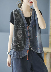 Plus Size Black Tasseled Patchwork denim Sleeveless Vest