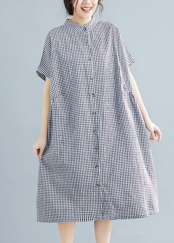 Plus Size Black White Plaid Cotton Pockets Summer Dress - SooLinen