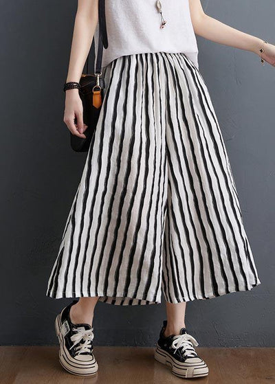 Plus Size Black White Striped Wide Leg Pants Summer Cotton - SooLinen