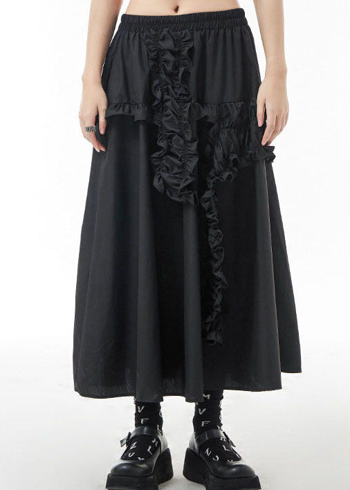 Plus Size Black elastic waist Ruffled A Line Skirts Spring