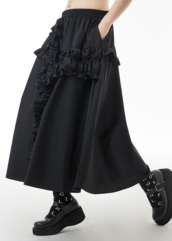 Plus Size Black elastic waist Ruffled A Line Skirts Spring