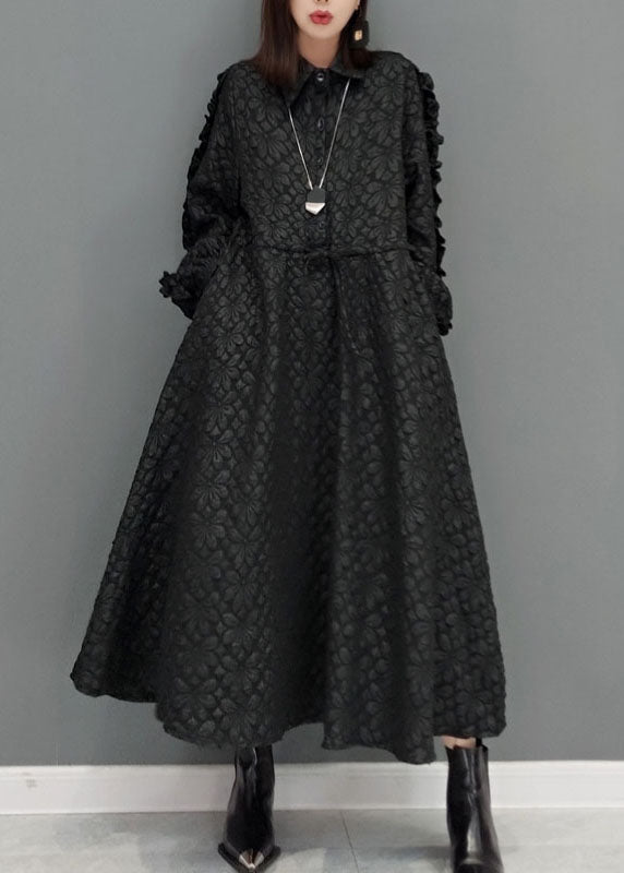 Plus Size Black tie waist Peter Pan Collar Jacquard long Dress Spring