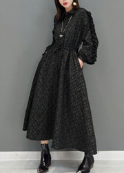 Plus Size Black tie waist Peter Pan Collar Jacquard long Dress Spring