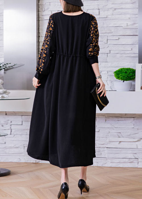 Plus Size Black tie waist V Neck print Patchwork Silk Holiday Dress Spring