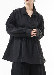 Plus Size Black wrinkled Zip Up Shirt Tops lantern sleeve