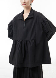 Plus Size Black wrinkled Zip Up Shirt Tops lantern sleeve