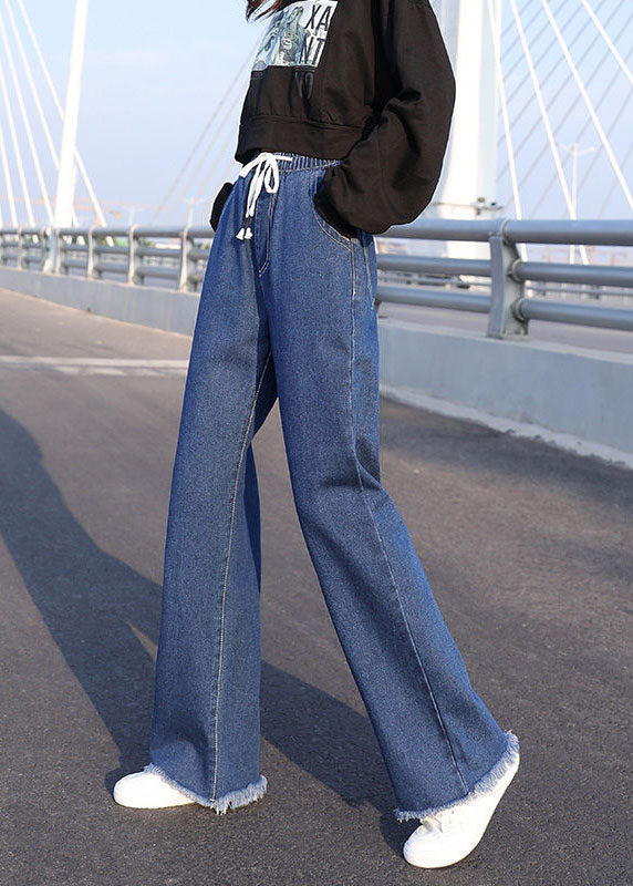 Plus Size Blue Elastic Waist Drawstring Draping Cotton Denim Wide Leg Pants Summer