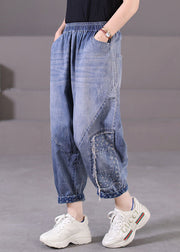 Plus Size Blue Elastic Waist Pockets Patchwork Applique Cotton Denim Harem Pants Summer