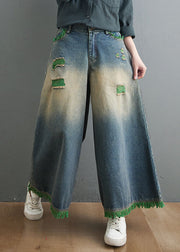 Plus Size Blue High Waist Hole Pockets Tassel Cotton Denim Wide Leg Pants Spring